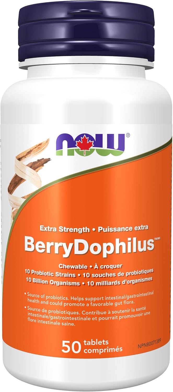 NOW Supplements，BerryDophilus™，专为成人和儿童开发，含 10 种益生菌菌株，超强效，菌株验证，50 粒咀嚼片