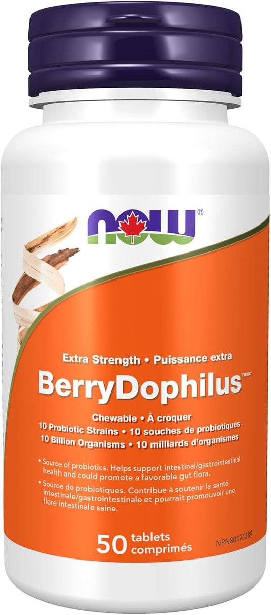 NOW Supplements，BerryDophilus™，專為成人和兒童開發，含 10 種益生菌菌株，超強效，菌株驗證，50 粒咀嚼片