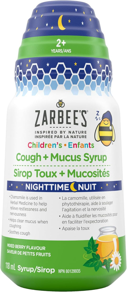Zarbee’s® Children’s Nighttime Cough + Mucus Syrup for Kids 2+ years, Honey, Chamomile, & Ivy Leaf, Dye & Alcohol-Free, Mixed Berry, 118 mL