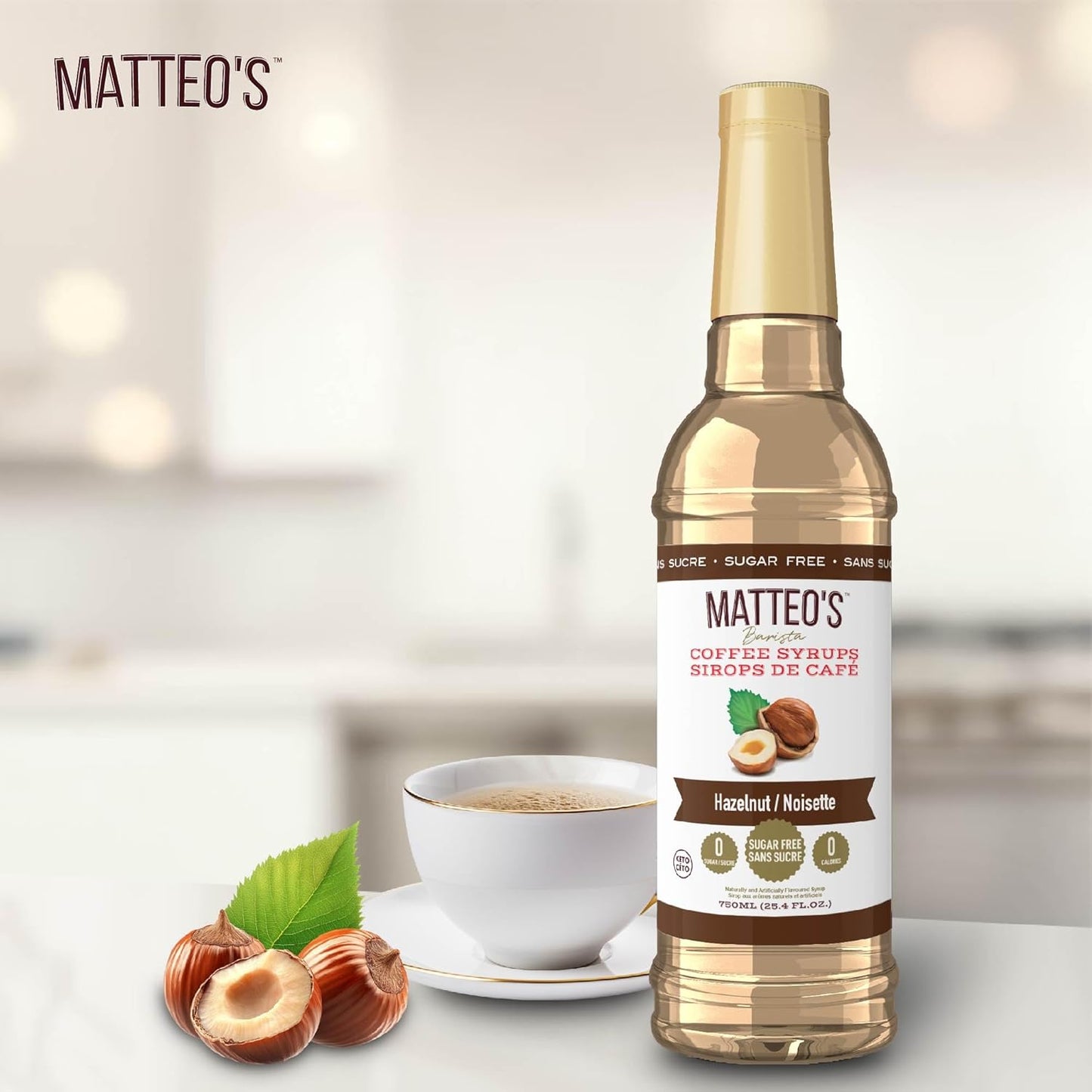 Matteo's Barista 风格无糖咖啡糖浆 - 零卡路里生酮友好型咖啡糖浆和调味料 - 美国制造犹太洁食无糖咖啡调味糖浆，适合家庭和工作（榛子味，25.4 盎司，1 包）