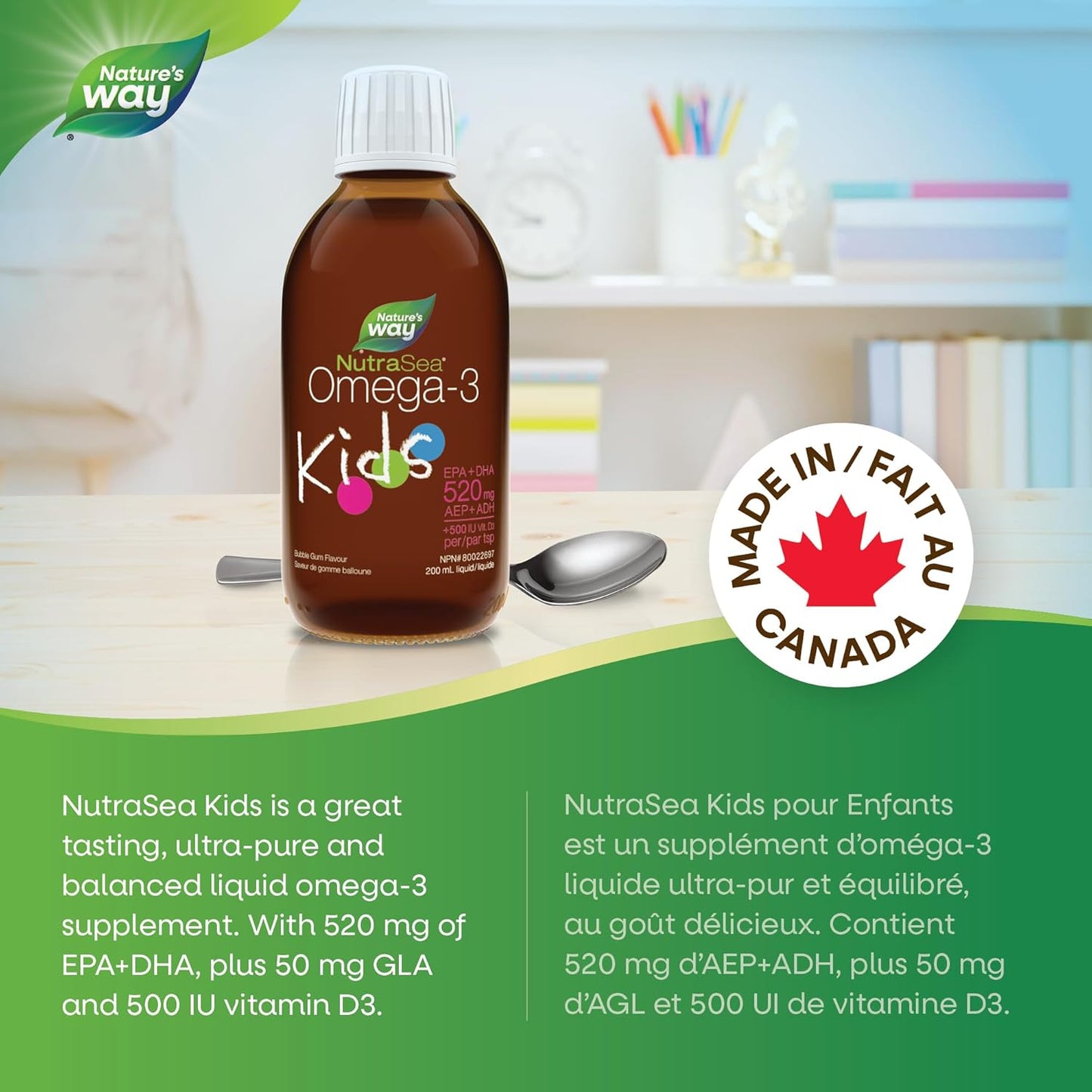 Nature's Way NutraSea 儿童 Omega-3 和维生素 D 补充剂 - 泡泡糖口味鱼油，含 EPA、DHA 和 GLA - 支持大脑和眼睛发育，帮助强健骨骼和牙齿 - 200 毫升液体
