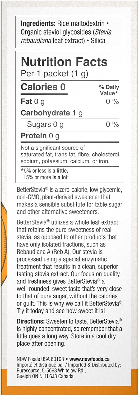 NOW Foods BetterStevia 零卡路里颗粒甜味剂包，生酮友好，适合糖尿病患者，不含赤藓糖醇，100 包