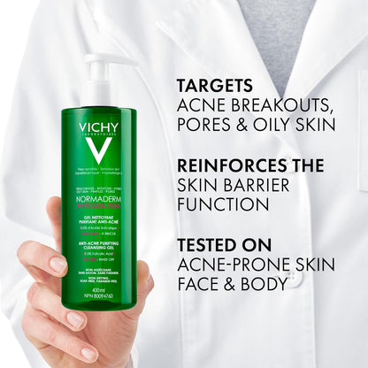 Vichy Anti-Acne Face Wash, Normaderm Salicylic Acid Purifying Cleansing Gel & BUNDLE with Anti-Acne Moisturizing Lotion with Hyaluronic Acid, Oil-free, Non-Comedogenic, Dermatologist Recommended