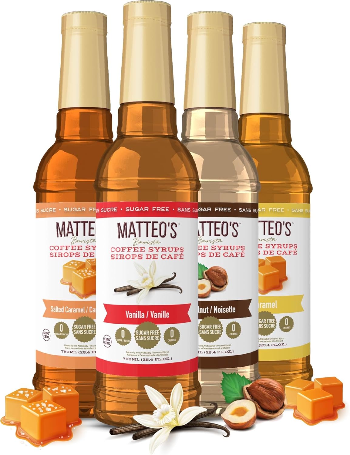 Matteo's Barista Style Sugar Free Coffee Syrup - 4 Flavor Variety Pack, No Calorie, Keto Friendly Coffee Syrups & Flavors, Delicious Flavor Coffee Syrup, Syrups For Coffee Drinks at Home & Work 25.4oz