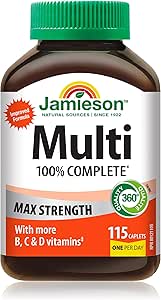 Jamieson 100% 複合維生素，強效配方，富含高濃度維生素 B、維生素 C 和維生素 D。支持免疫力、能量和整體健康，無麩質，每日一片，115 粒膠囊
