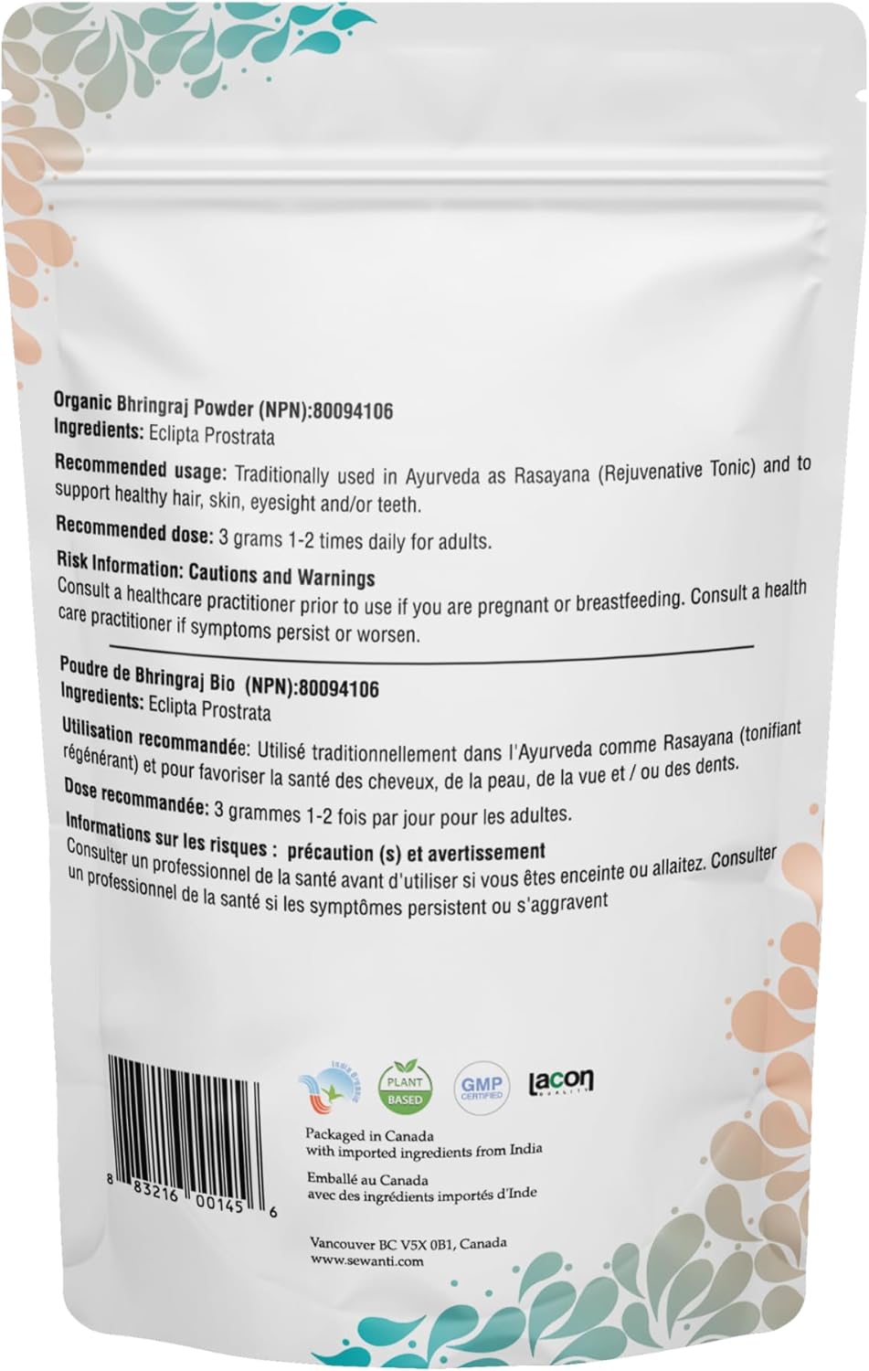 有机 Bhringaraj/Bhringraj 粉末 200g/ NPN 80094106 / Eclipta Prostrata/用于健康的头发、皮肤和牙齿