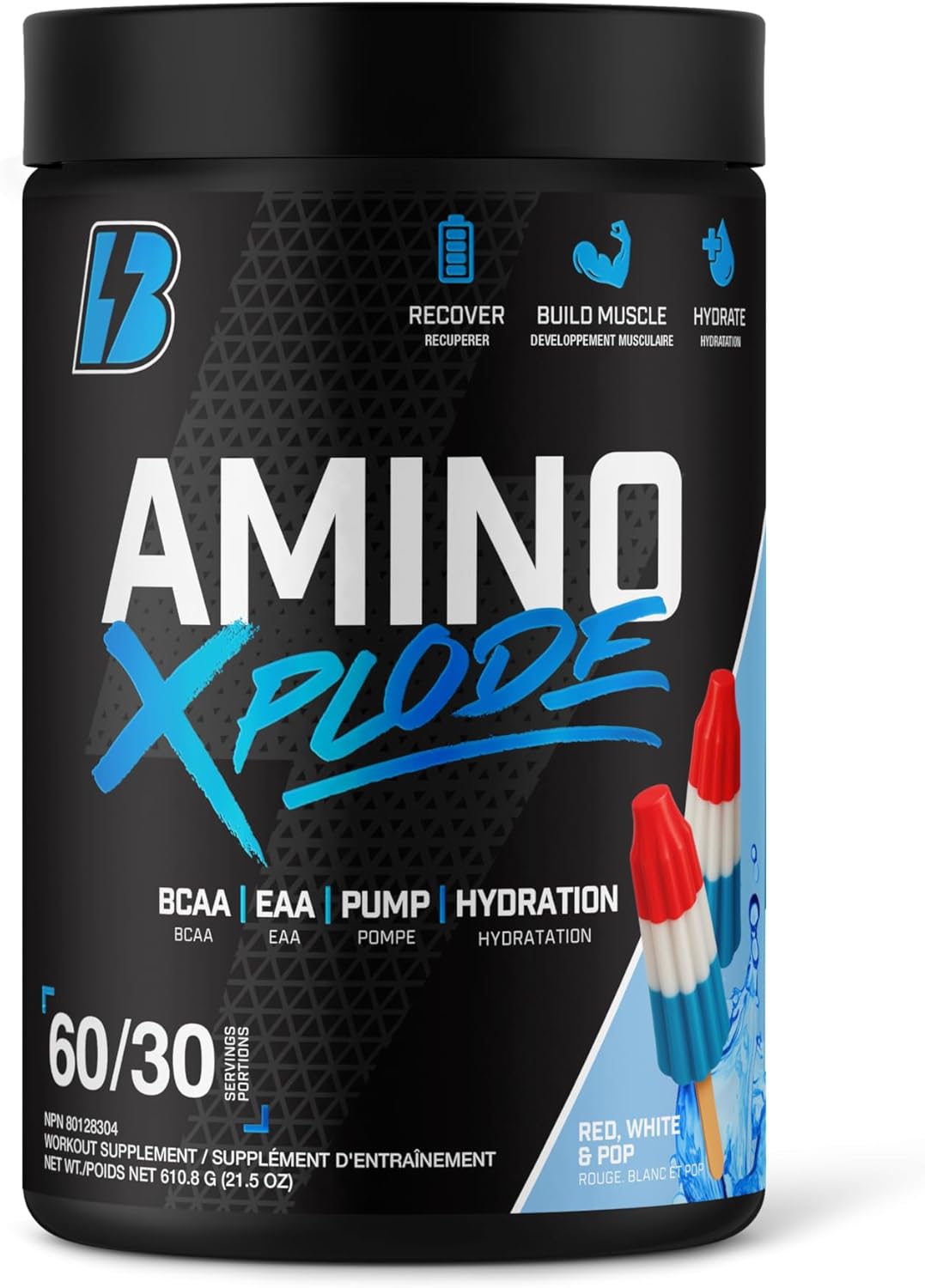 BULL Nutrition Amino Xplode – 12克 EAA/BCAA + 4.5克 Pump 和 500毫克電解質水合混合物 – 加拿大製造 – 60/30 份 – 火箭汽水口味（紅、白和汽水）