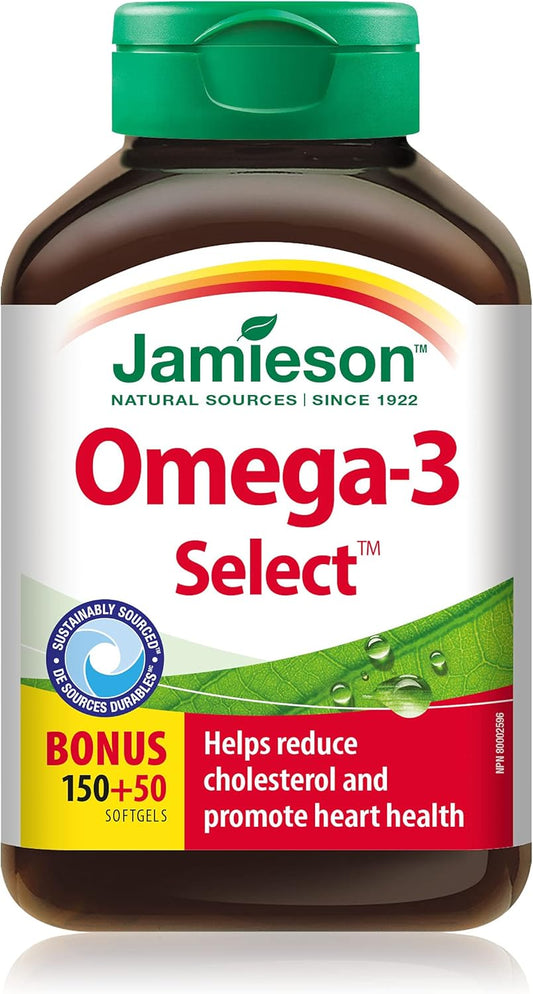 Jamieson Omega-3 Select 1000毫克，改善心臟健康，支持大腦健康，並減少發炎。含300毫克EPA和200毫克DHA，非基因，無麩質，200粒軟膠囊
