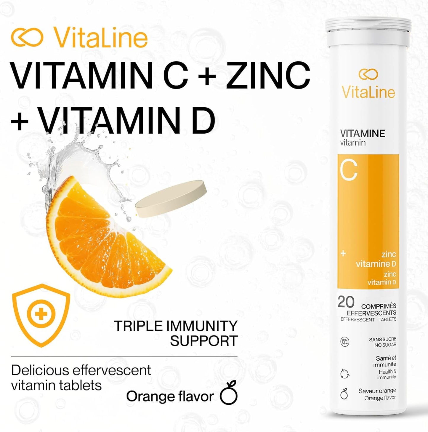 Vitaline 維生素 C 補充劑（含鋅和維生素 D）- 維生素 C 膳食補充劑，用於免疫支持 - 橙味，24 片泡騰片