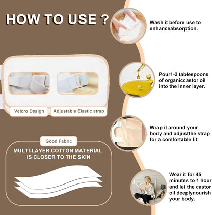 ARMINACO 蓖麻油套装，适合女性和初学者 - 4 个可重复使用的包装 + 60 毫升有机油和指南 | 肝脏、腹部、颈部、乳房排毒套装 | 防漏和可调节的 MagicSeal 设计