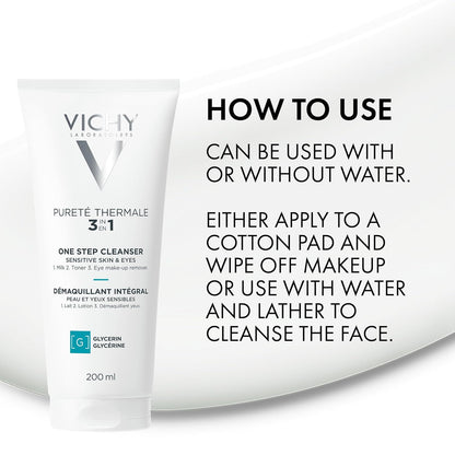 Vichy Gentle Facial Cleanser and Makeup Remover, Purete Thermal 3-in-1 Face Cleanser for Sensitive Skin, Hypoallergenic, Dermatologist Recommended, Paraben-Free, 200mL
