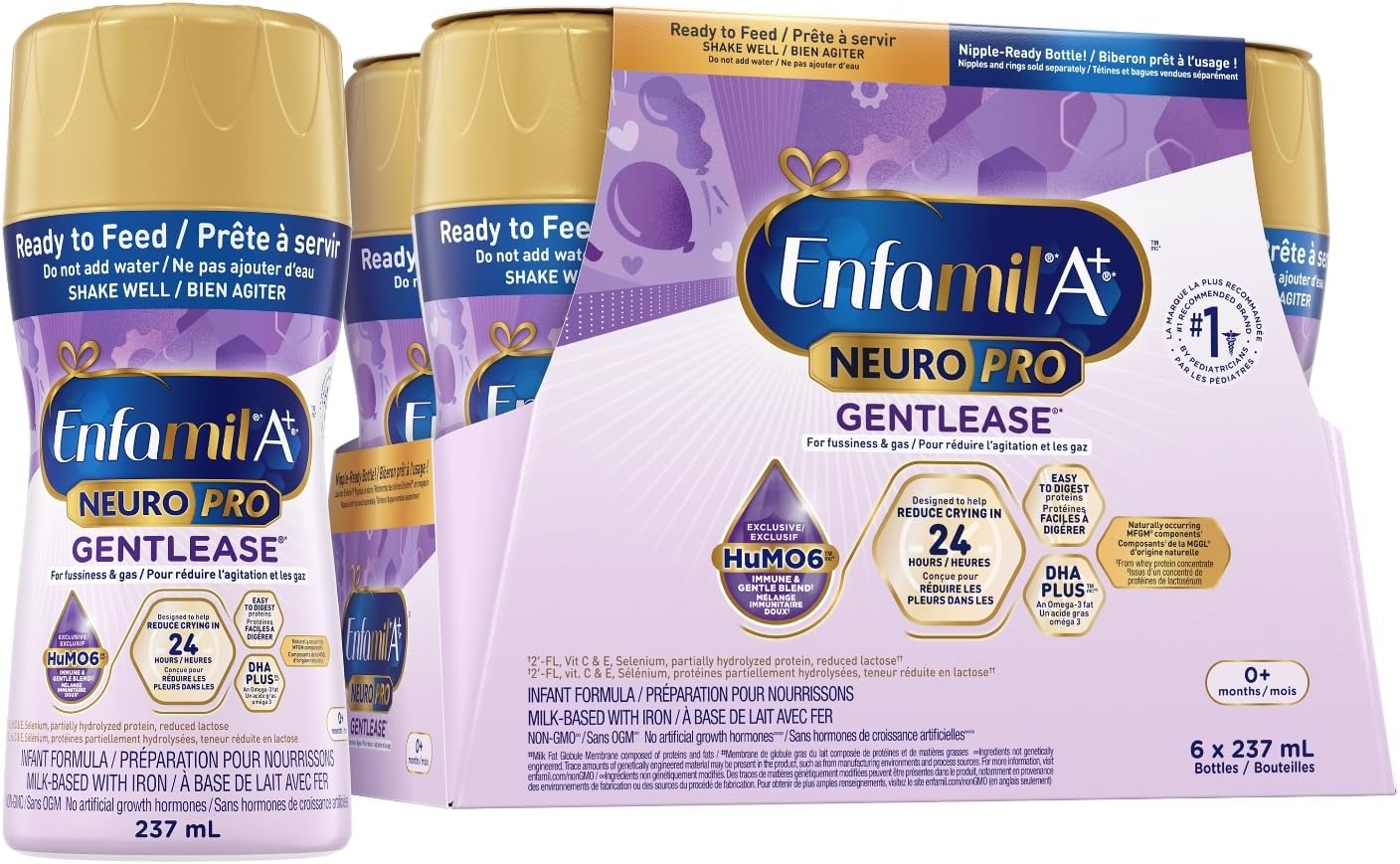 Enfamil A+ NeuroPro Gentlease, Baby Formula, Ready to Feed, Nipple-Ready Bottles, with Brain Building DHA, 0-12 Months, 6 x 237mL