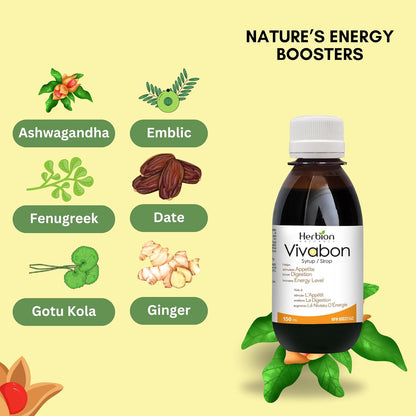 Herbion Naturals Vivabon 消化营养补品有助于促进消化、提高能量水平、增强记忆力、缓解虚弱、刺激成人食欲，荔枝味，糖浆 150 毫升