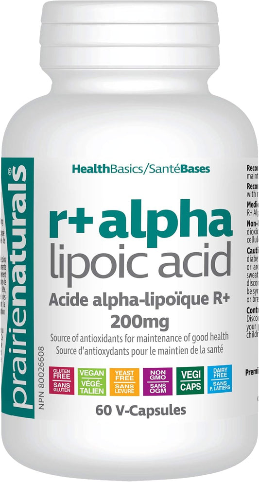 Prairie Naturals R(+) α-硫辛酸 200 毫克（R+ ALA）提供抗氧化剂，有助于维持身体健康 - 60 粒素食胶囊