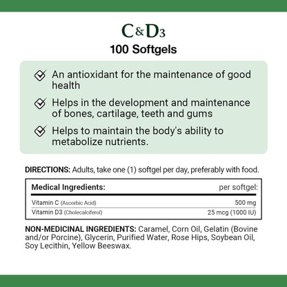 自然之寶維生素 C 和 D3，支持免疫功能，提供抗氧化劑，支持骨骼、軟骨、牙齒和牙齦的發育和維護，幫助代謝營養物質，軟膠囊，157.1 克