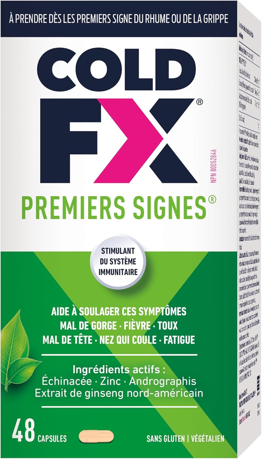 COLD-FX First Signs，有助于缓解咽喉痛、发烧、咳嗽、头痛、流鼻涕、疲劳等症状，北美人参提取物、紫锥菊、穿心莲和锌，48 粒素食胶囊