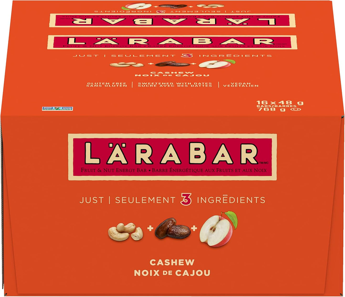 LÄRABAR 腰果、水果和坚果能量棒，16 条装，无麸质，纯素，家庭装，零食棒，768 克/包