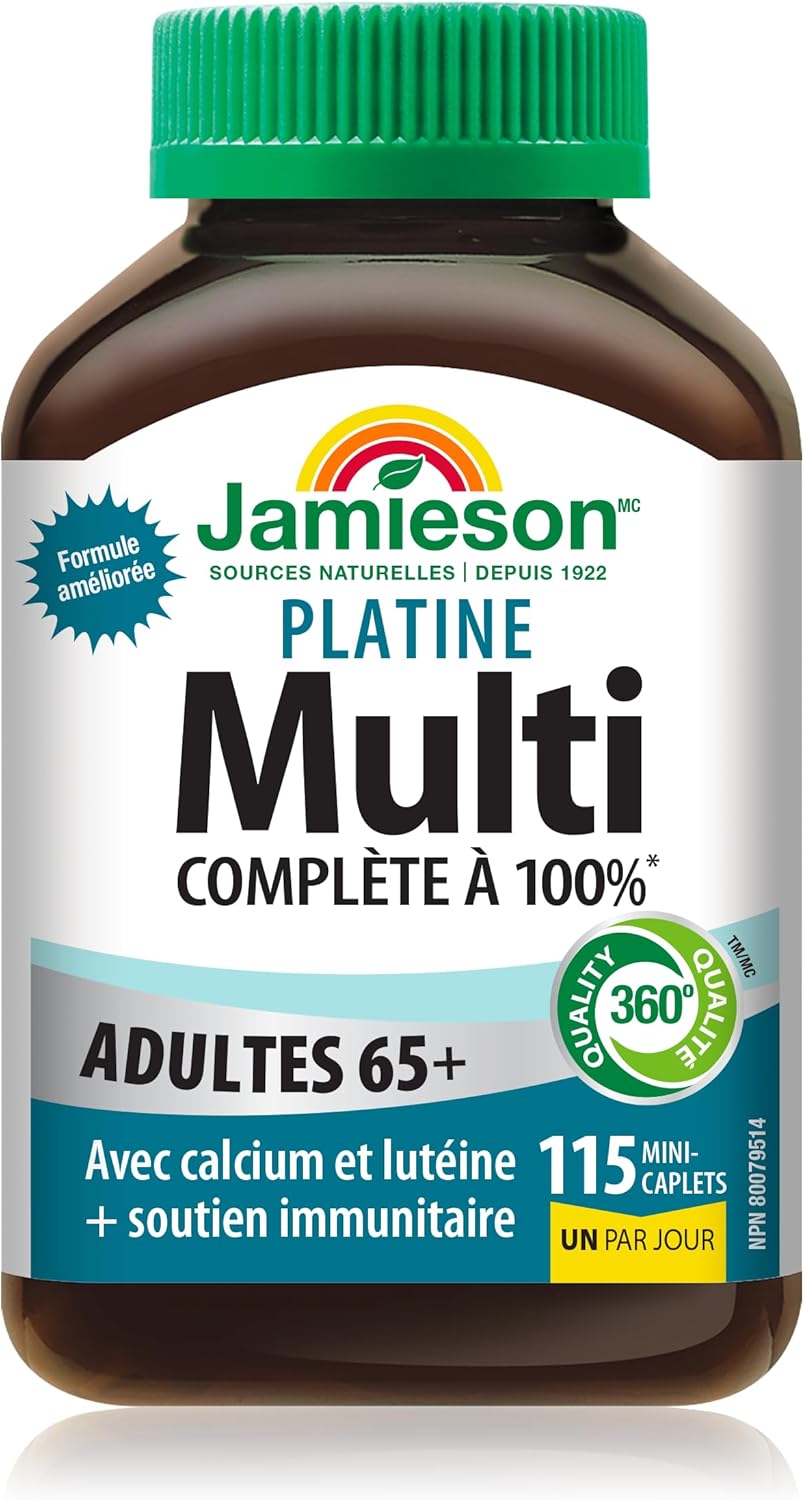 Jamieson 100% 複合維生素鉑金片，適合 65 歲以上成人，含番茄紅素、葉黃素及其他免疫支持成分。支持能量、眼部健康、骨骼健康和整體健康，無麩質，每日一片，115 粒迷你膠囊