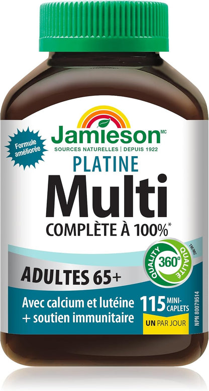 Jamieson 100% 複合維生素鉑金片，適合 65 歲以上成人，含番茄紅素、葉黃素及其他免疫支持成分。支持能量、眼部健康、骨骼健康和整體健康，無麩質，每日一片，115 粒迷你膠囊