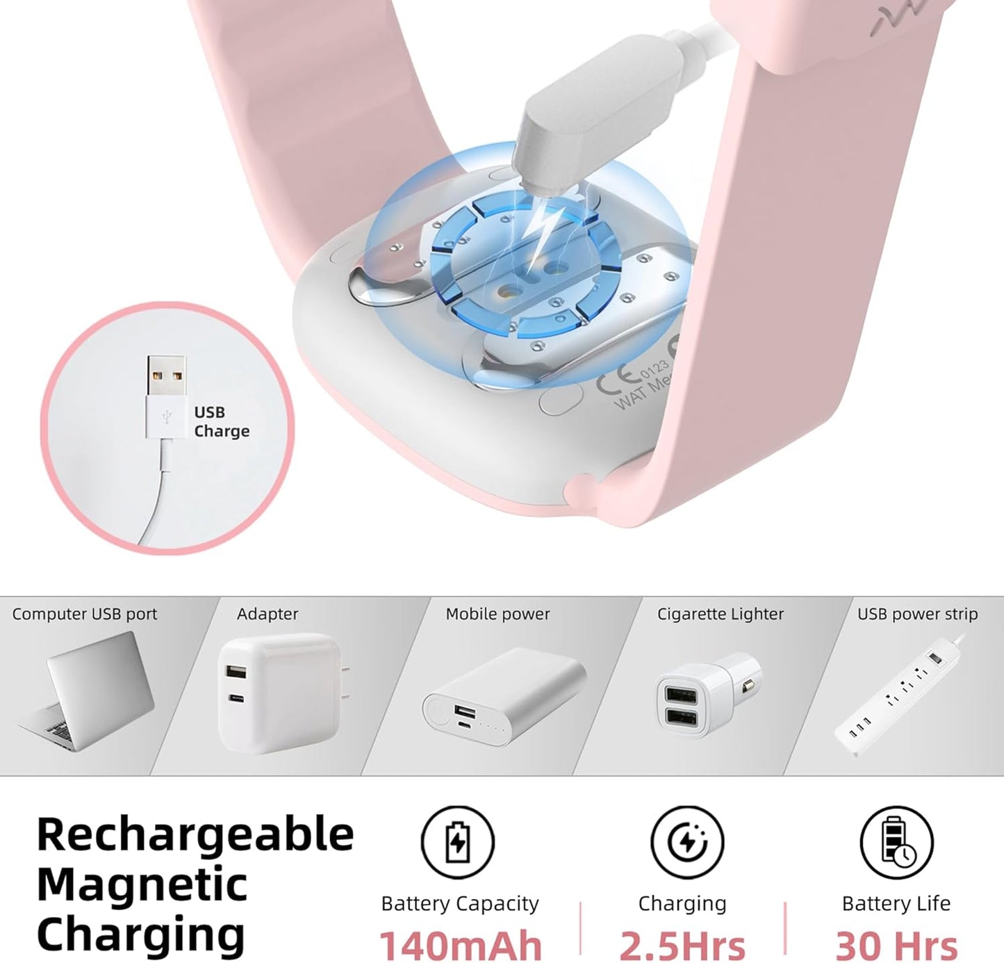 EmeTerm Fashion Pink FDA Cleared Relieve Nausea Electrode Stimulator Morning Sickness Motion Travel Sickness Vomit Relief Rechargeable No Gel Drug Free Wrist Bands Without Side Effects