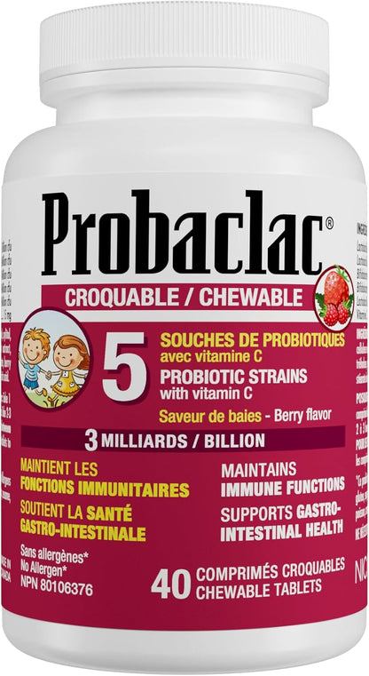 Probaclac chewable probiotics for kids ages 3. Each chewable tablet contains 3 billion active cells, Multi-strain probiotic and lactic ferment complex (6 strains) (40)