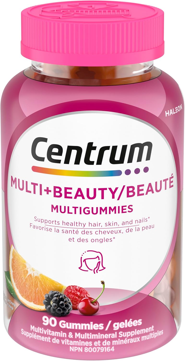 Centrum MultiGummies，多種+美容多種維生素軟糖，適用於男性和女性的頭髮、皮膚和指甲維生素，櫻桃、漿果和橙子口味，90 粒軟糖（包裝可能有所不同）
