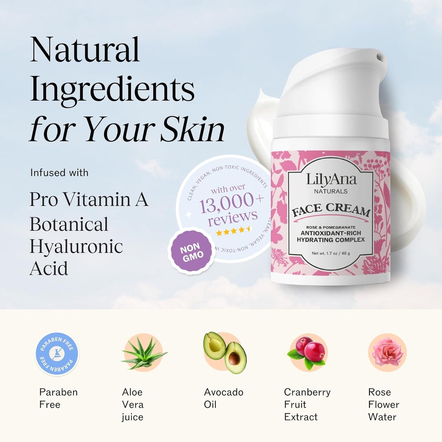 Face Cream Moisturizer for Women - Anti-Aging Wrinkle Cream for Face, Face Moisturizer For Dry Skin, Dark Spot Brightening, Rose and Pomegranate Extracts - Crème Hydratante Visage - 1.7oz