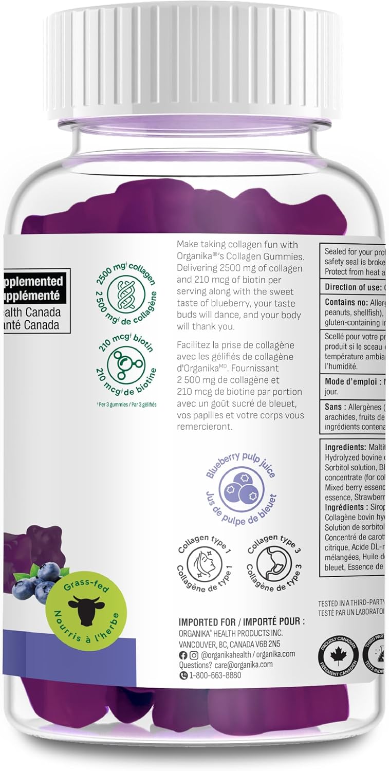 Organika 膠原蛋白軟糖 - 藍莓口味 - 每份含 2500 毫克膠原蛋白，另加生物素，有益於皮膚、頭髮和關節健康，牧場飼養的牛，不含麩質和乳製品，90 粒軟糖