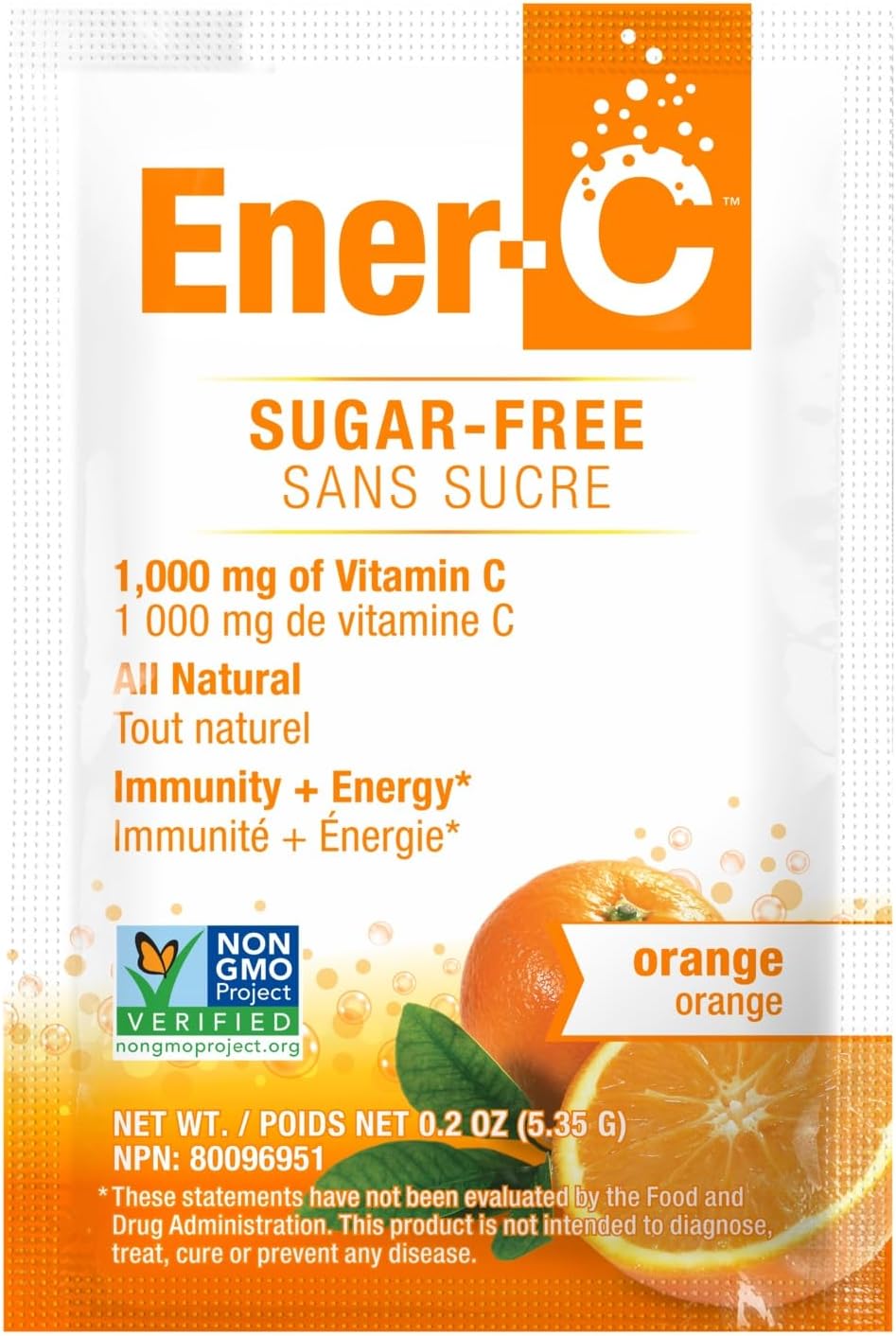 Ener-C 无糖橙味复合维生素饮料粉，1000 毫克维生素 C，非转基因，纯素，真正的果汁粉，天然免疫支持，电解质，无麸质，1 包 30 包
