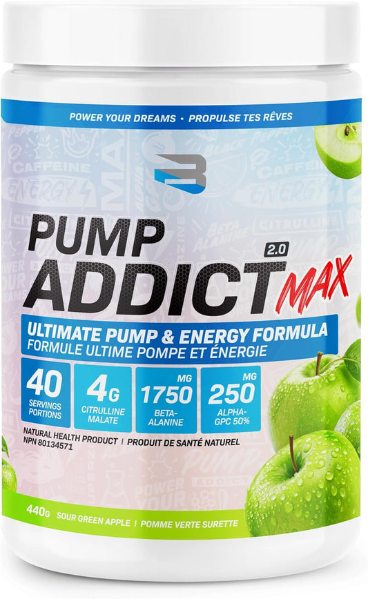 Believe Supplements - Pump Addict Max Pre-Workout Powder - Enhanced Energy, Focus, and Endurance (440 grams, Sour Green Apple)