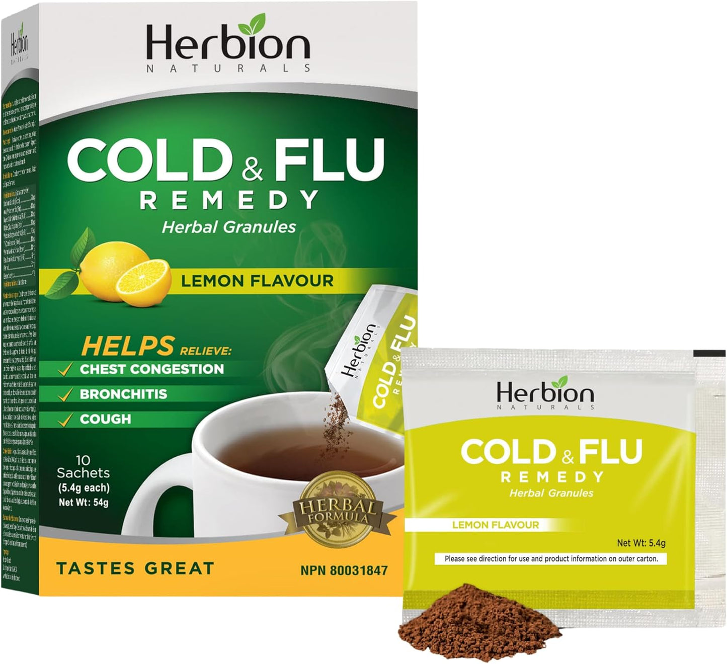 Herbion Naturals 感冒和流感草药颗粒，天然柠檬味，10 袋装 - 有助于缓解咳嗽和胸闷