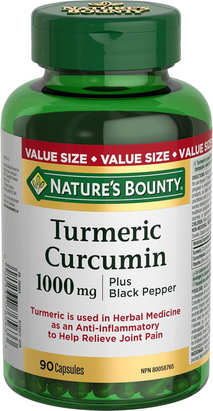 NATURE'S BOUNTY Turmeric Curcumin Plus Black Pepper, 1000 mg, Anti-inflammatory For Joint Pain, Aids Digestion, Antioxidant, Capsules, 108.9 g