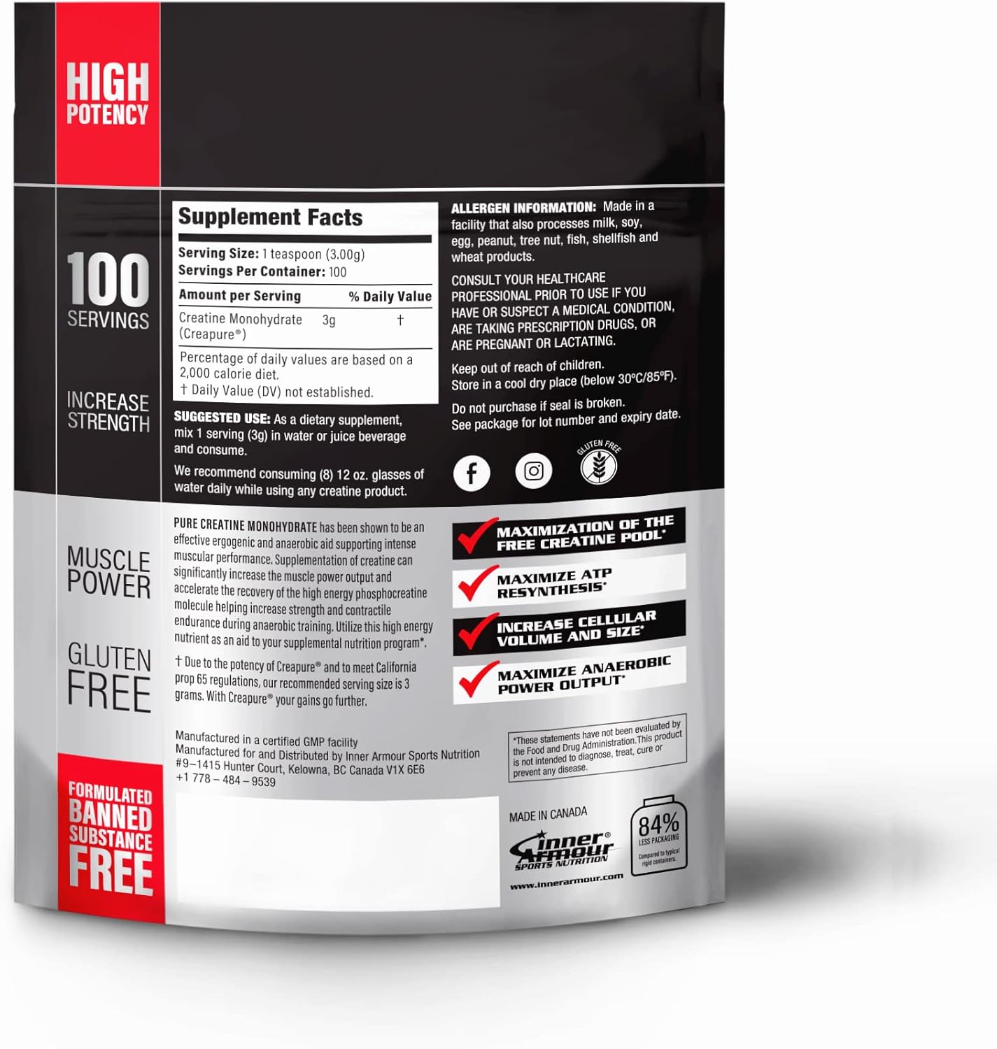 Inner Armour 肌酸 Creapure - 增強肌肉力量和耐力 - 改善睡眠品質 - 快速溶解、無味、素食友好型健身補充劑 - 300 克