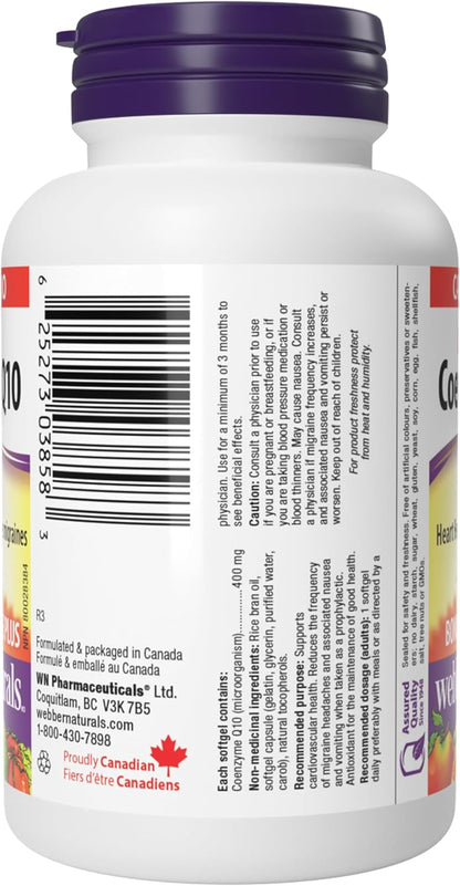 Webber Naturals 輔酶 Q10 (CoQ10) 400 毫克，60 粒軟膠囊，超強效，高效抗氧化劑，有益於心臟健康、促進細胞能量生成和緩解偏頭痛
