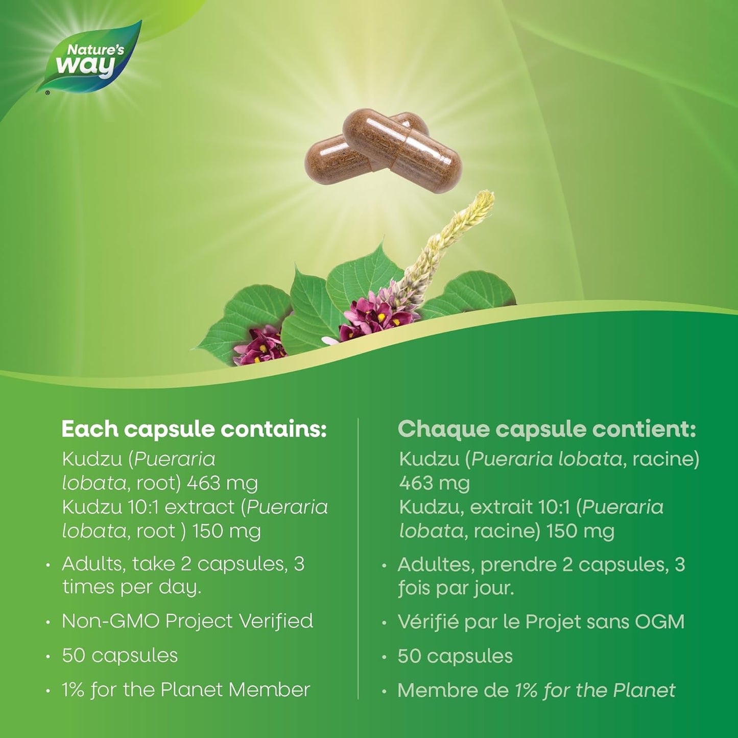 Nature's Way 葛根健康補充劑 – 優質草本補充劑 - 非基因改造項目認證，50 粒素食膠囊