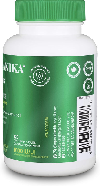 Organika 维生素 D3 + K2 (MK7) - 每粒胶囊含 1000IU D3 和 120mcg K2 - 高效，支持健康的免疫功能和骨骼 + 牙齿 - 120 粒胶囊
