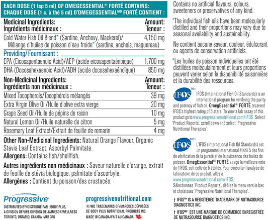 Progressive OmegEssential Forte Liquid Fish Oil Maximum Strength - 1700 mg EPA + 850 mg DHA, Orange flavour, 200 ml | All natural, cold water, wild caught