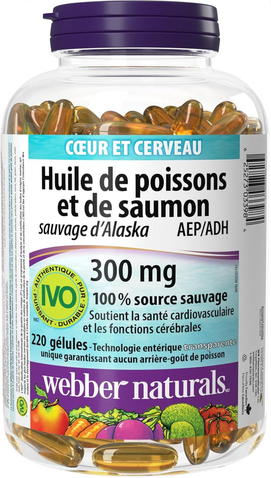 Webber Naturals Salmon and Fish Oil 300 mg, 220 Clear Enteric No Fishy Aftertaste Softgels, Supports Cardiovascular Health and Brain Function