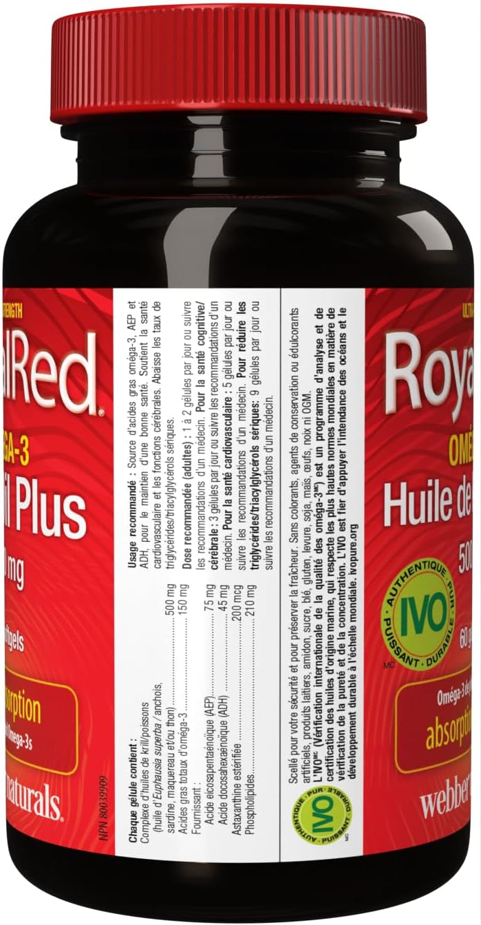Webber Naturals RoyalRed 磷蝦油 Plus 500 毫克，60 粒軟膠囊，支持心血管健康和大腦功能，抗氧化支持
