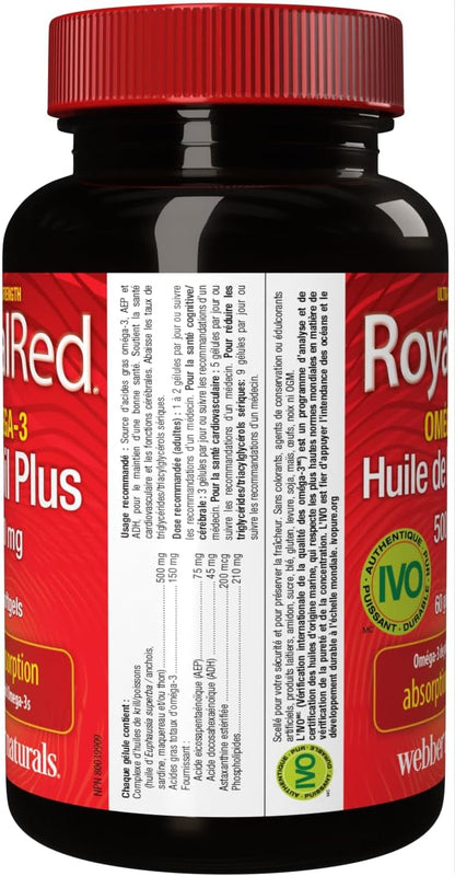 Webber Naturals RoyalRed 磷蝦油 Plus 500 毫克，60 粒軟膠囊，支持心血管健康和大腦功能，抗氧化支持
