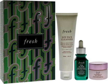Fresh Resilient Hidrated Skin Trio 5oz Soy Face Cleanser, 1oz Elixir Skin Resilience Activating Serum - Tea, 0.5oz Deep Hidration Face Cream - Rose Women 3 Pc