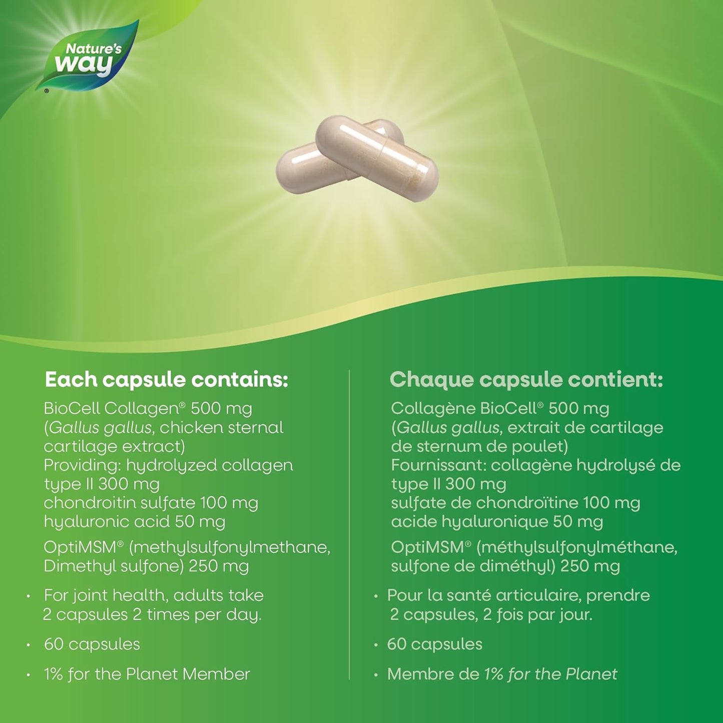 Nature's Way Hydraplenish Plus 膠原蛋白、MSM 和透明質酸、骨關節炎關節疼痛支持、BioCell 膠原蛋白，60 粒膠囊