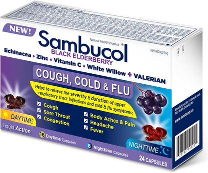 Sambucol Black Elderberry – Cough, Cold and Flu Day/Night| Helps Relieve Congestion, Fever Sore Throat & Head Pain | Black Elderberry, White Willow| 24 Hard Capsules (18 Day/6 Night)