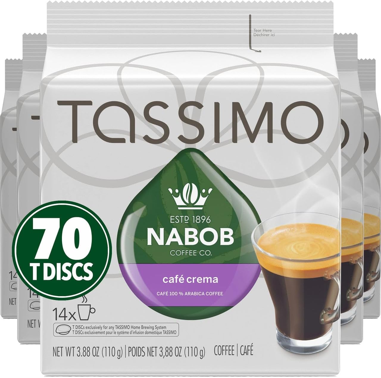 Tassimo Nabob Café Crema 咖啡单份 T 盘，110 克（5 盒，每盒 14 个 T 盘）和 Nabob Café Crema 咖啡单份 T 盘，110 克