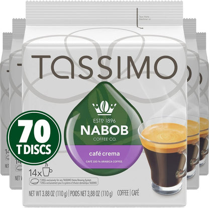 Tassimo Nabob Café Crema 咖啡单份 T 盘，110 克（5 盒，每盒 14 个 T 盘）和 Nabob Café Crema 咖啡单份 T 盘，110 克