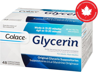 Colace 甘油栓 - 成人 | 温和快速缓解偶发性便秘 | 48 粒