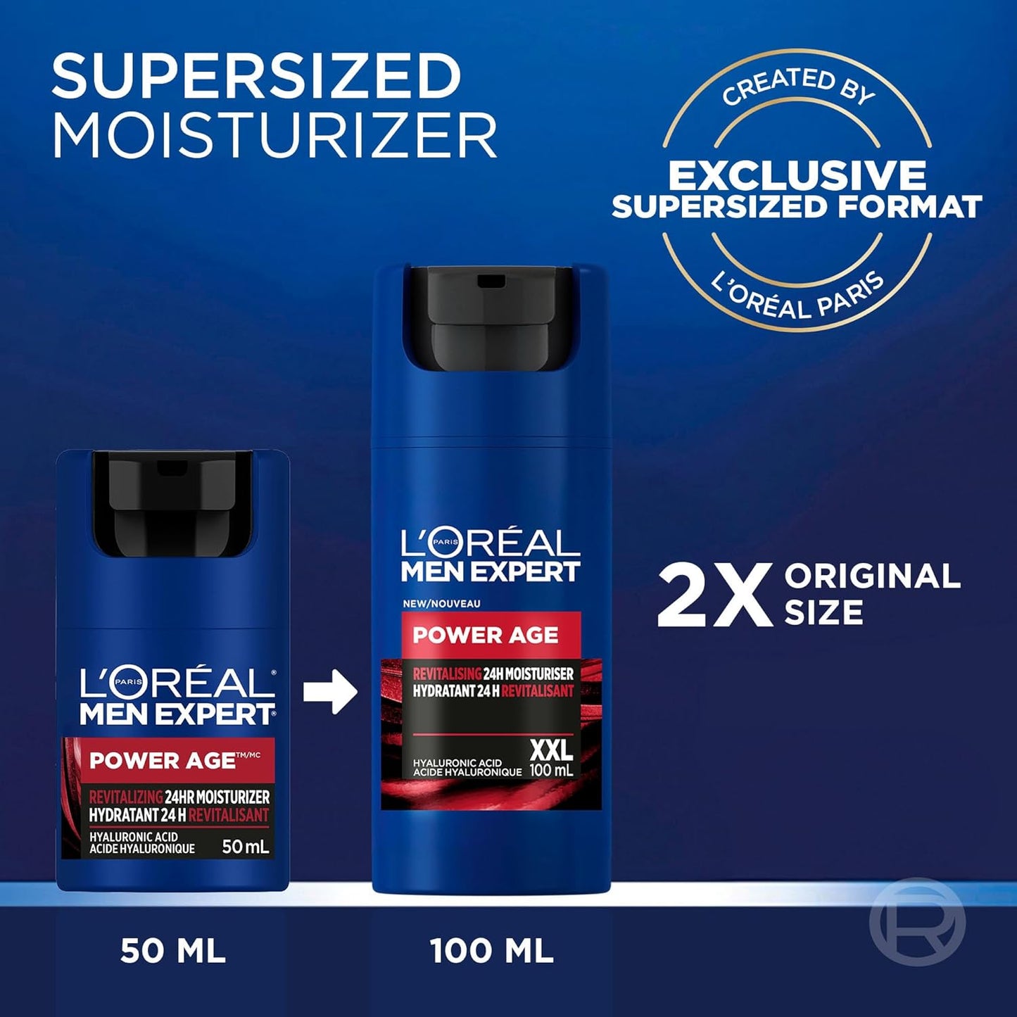 L'Oréal Paris Men Expert Power Age XXL 24 HR Hydrating Face Moisturizer for Men with Hyaluronic Acid & Vitamins, For Dry & Aging Skin, Fights Signs & Look of Aging, 100 mL