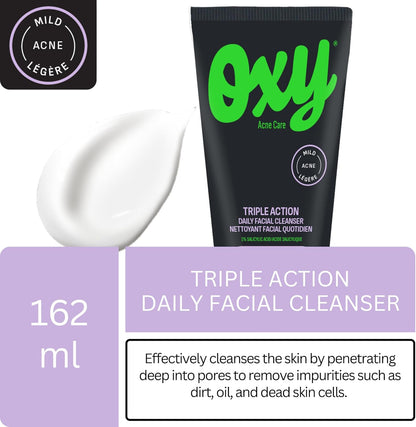 Oxy 三重功效日常洁面乳，经临床验证含有水杨酸 (1.0%) – 适用于轻度痤疮 – 有助于治疗痤疮和预防痤疮爆发 – 不含对羟基苯甲酸酯和防腐剂 – 经皮肤科医生测试