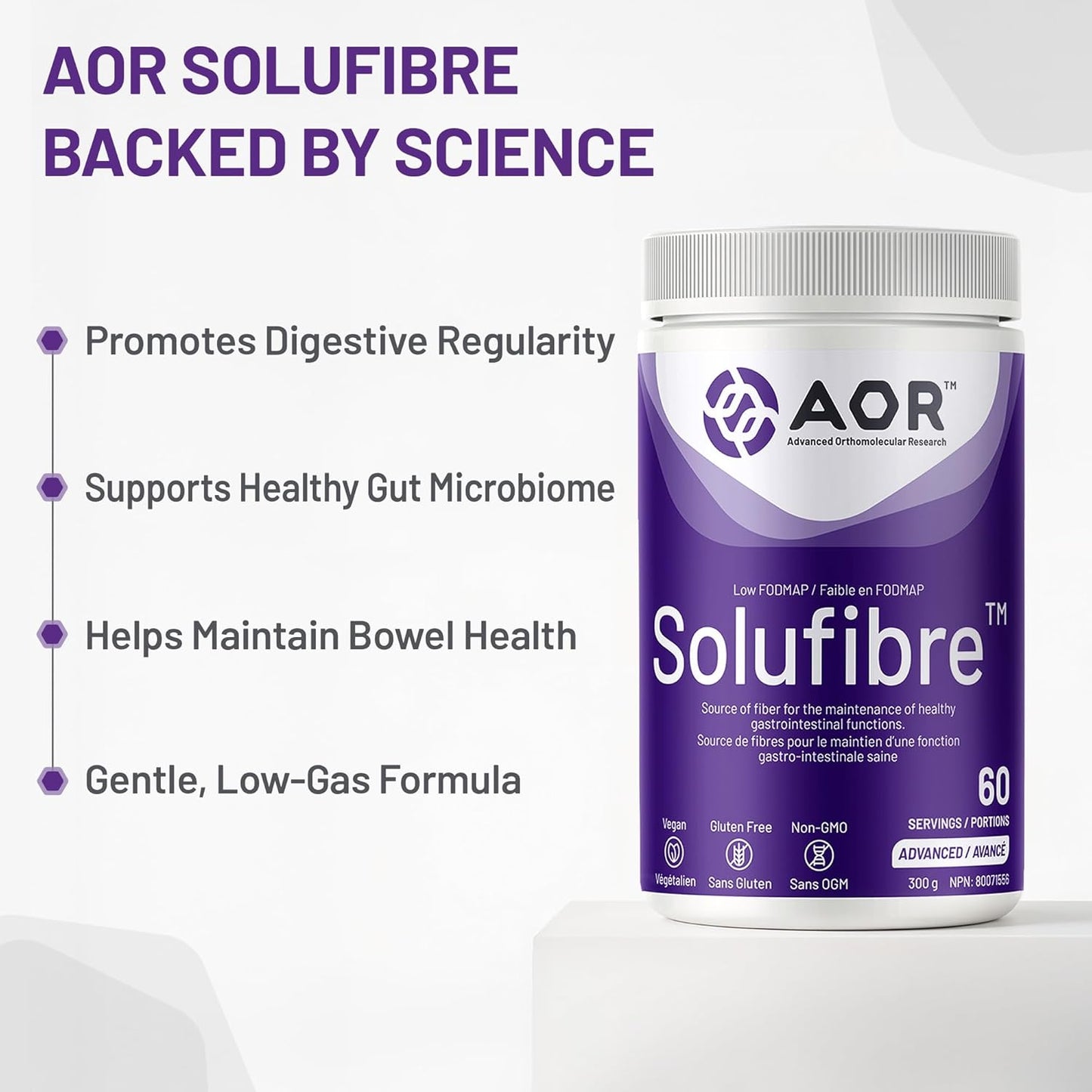 AOR - SoluFibre 粉，300 克，60 份 - 部分水解瓜尔胶 Sunfiber，促进消化舒适和规律 - 纯素、非转基因和无麸质 - 温和的益生元纤维补充剂 - 可溶性纤维