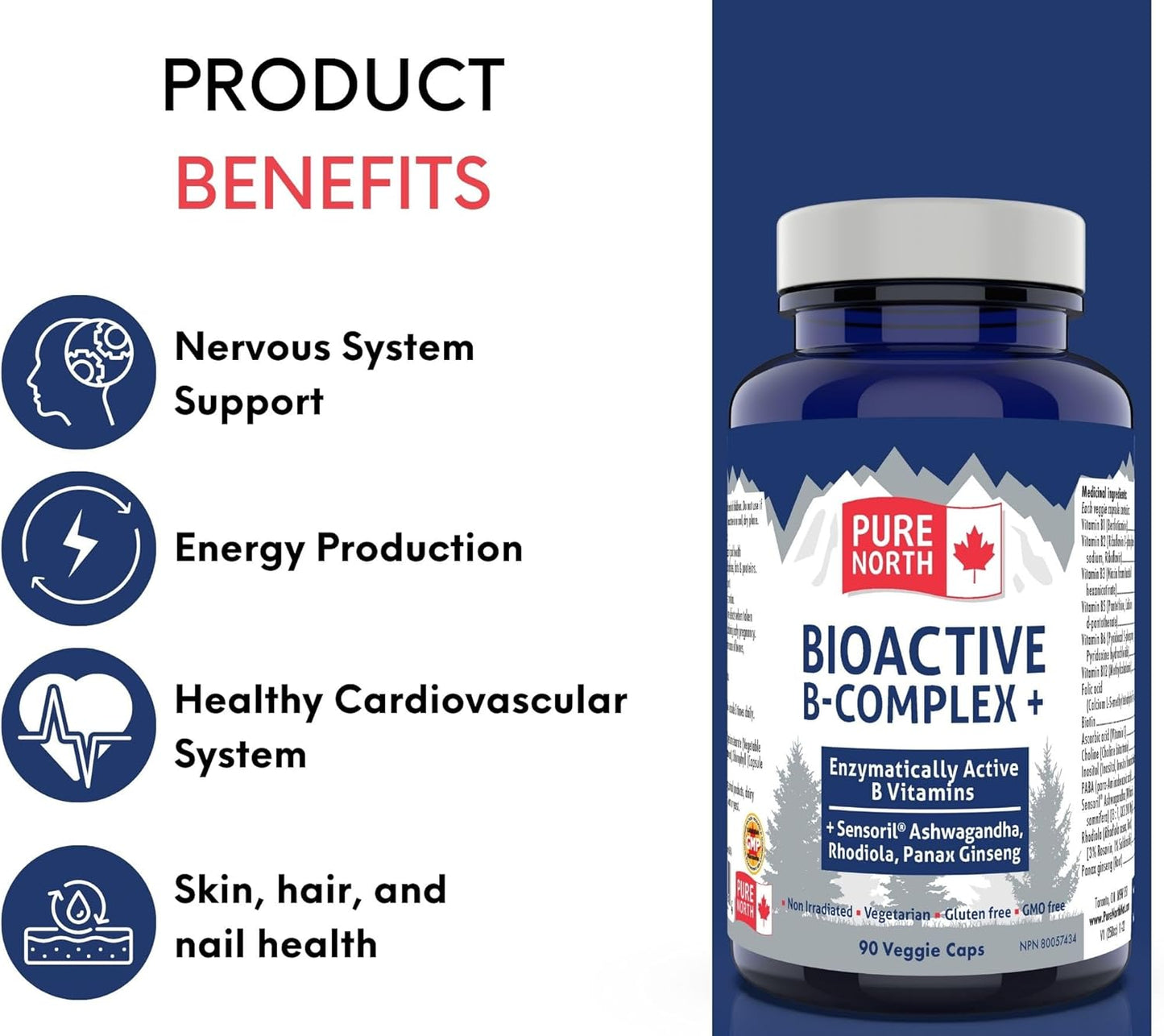 Pure North Naturals - 生物活性 B 族维生素补充剂 90 粒胶囊，30 天用量 - 酶活性 Sensoril 南非醉茄、红景天、人参 - 经第三方测试 - 加拿大配制和制造